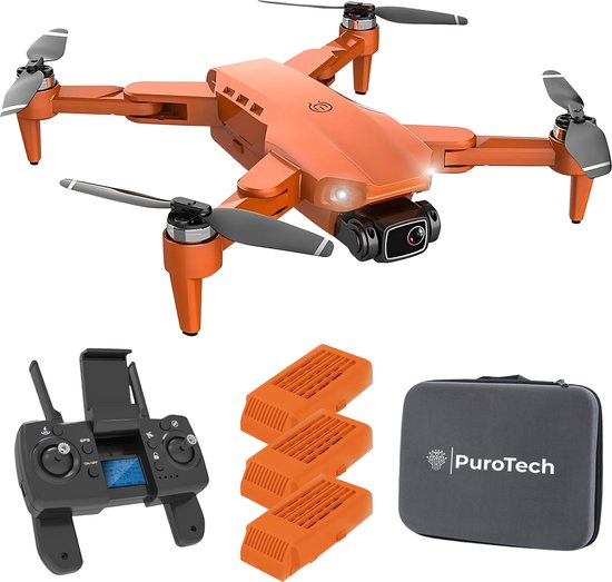 PuroTech - Ultra Smart Drohne - 4K Full HD Dual Kamera - 3 Akkus - 84 Minuten Flugzeit - Orange