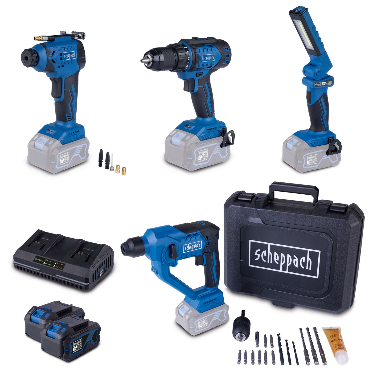 Akku-Aktions-Set AS300 Scheppach - 20V | Bohrhammer | Bohrschrauber | Handkompressor | Arbeitsleuchte | inkl. 4Ah Akku & 2