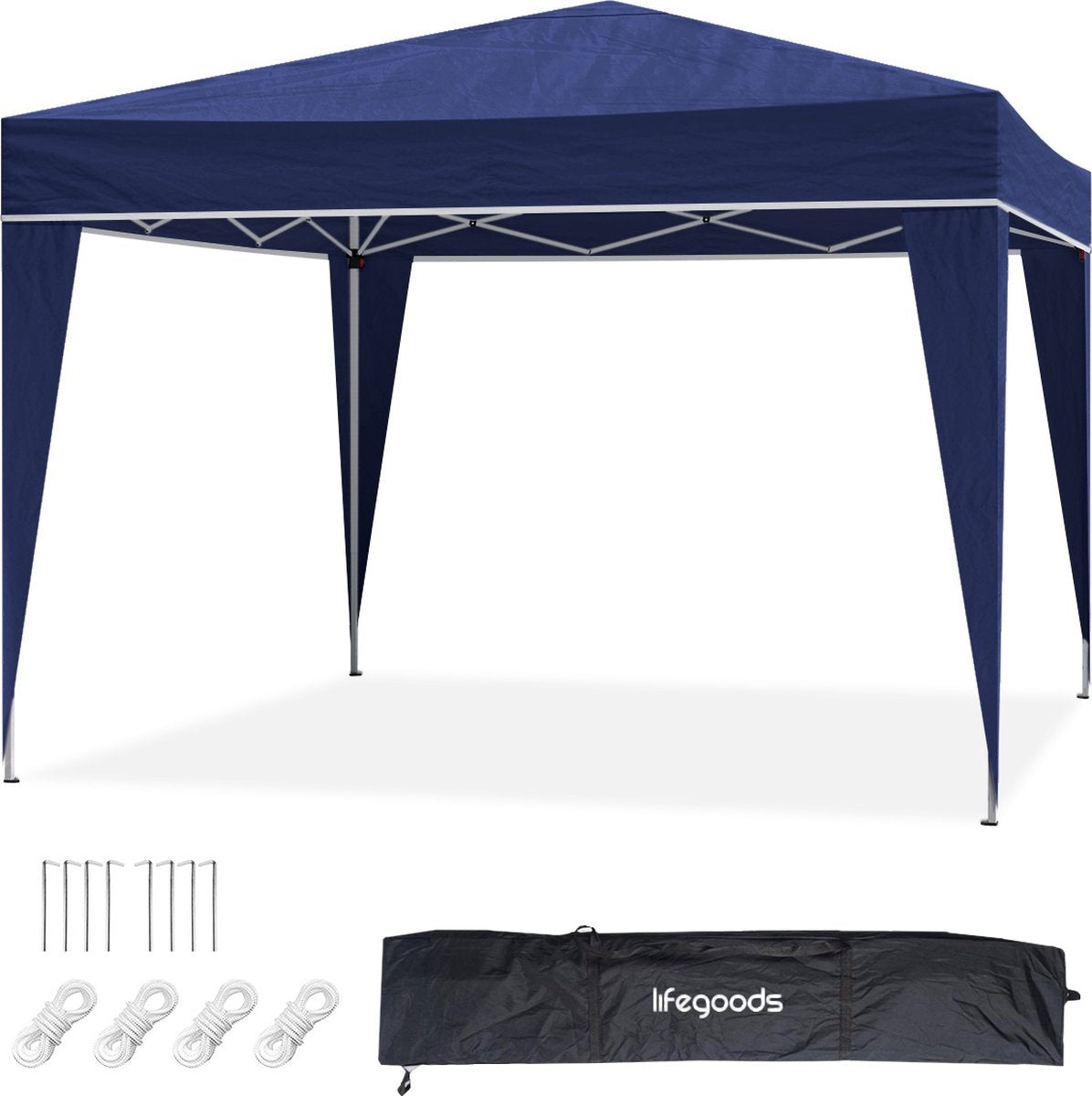 LifeGoods Partyzelt - Pavillon - 3x3 m - leicht aufbaubar - faltbar - wasserdicht - Tragetasche mit Rädern - blau