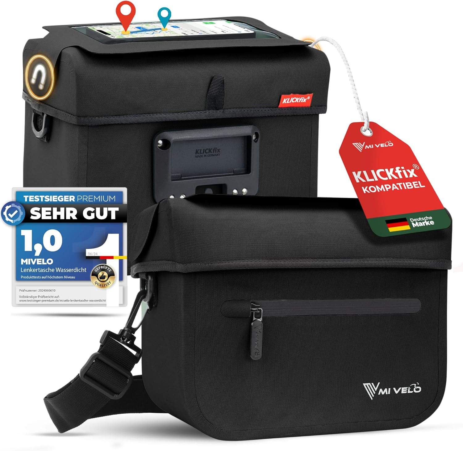 MIVELO Lenker Fahrradtasche OSKAR - Isolierte Innenausstattung - Mit Handytasche - 6L- Wasserabweisend - 26 x 20 x 12 cm - Schwarz