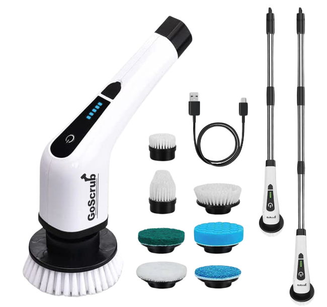 GoScrub® Cleaning King V1 - Elektrische Reinigungsbürste - Elektrische Schrubbbürste - für Bad oder Küche - Schrubber mit Griff - 9 Aufsätze