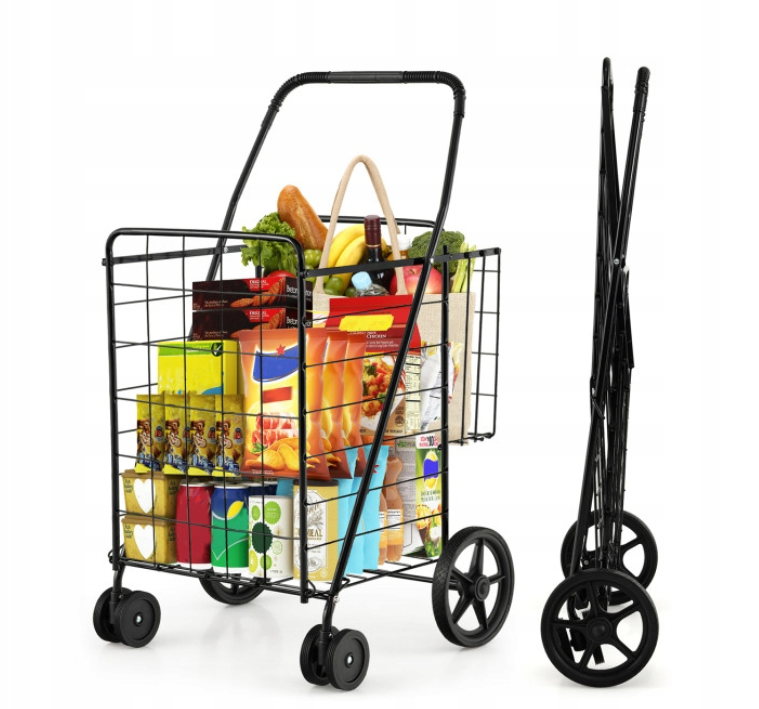 Geräumiger faltbarer Einkaufswagen mit Rädern - 360-Grad-Drehung - Metalltasche
