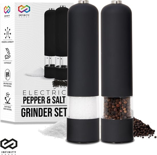 Infinity Goods Elektrisches Pfeffer- und Salzmühlen-Set - Pfeffermühle - Salzmühle - Einstellbares Mahlwerk - Gewürzmühle - Schwarz
