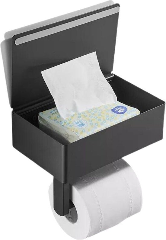 Toilettenpapierhalter - Toilettenpapierhalter - Schwarz - Edelstahl - Kein Bohren - Mit Ablage & Tablett - Inklusive Befestigungsmaterial - Toilettenzubehör - EJC Products