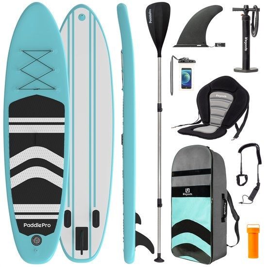 LifeGoods SUP Board - mit Sitz - Aufblasbares Paddle Board - Komplettset - Max. 135KG - 320x81cm - Mintgrün/Schwarz