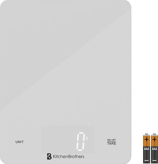 KitchenBrothers Küchenwaage mit Tara-Funktion - Digital - 1g bis 10 kg - mit Batterien - 20 x 16 cm - Glas/Weiß