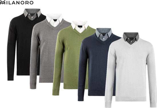 Milanoro - Herren Pullover mit Hemdkragen - Olivgrün - XXL