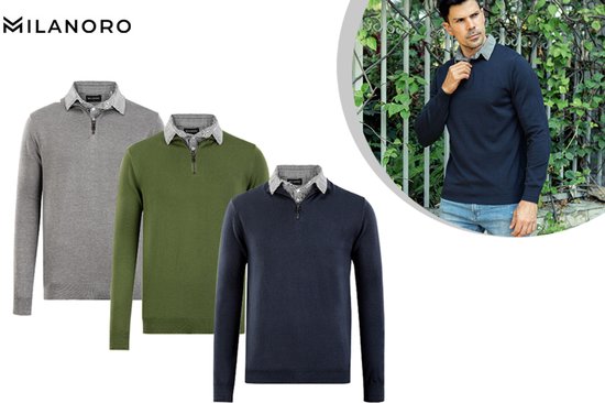 Milanoro - Herren Pullover mit Hemdkragen und halbem Reißverschluss - Navy - XL