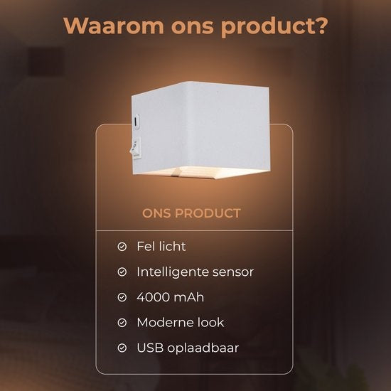 Wandleuchte Wiederaufladbar - 2 Stück - Wandleuchte Indoor - Kabellos - Smart - Wiederaufladbar - Wandleuchte - Wohnzimmer - Badezimmer - Kinderzimmer - Schlafzimmer - Weiß