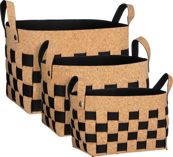 Mica Decorations Aufbewahrungskorb - 3er-Set - L40 x B30 x H30 cm - Kork/Filz - Schwarz