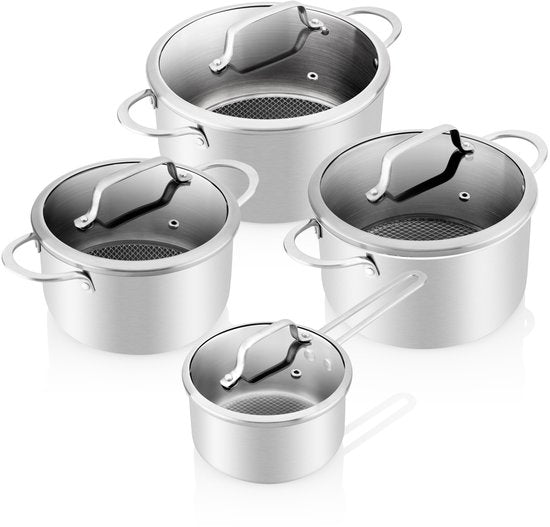 ETA HoneyComb Pfannenset für Induktion und alle Wärmequellen - Backofenfest - 4er-Set mit Glasdeckel - Edelstahl - Antihaft - Edelstahl