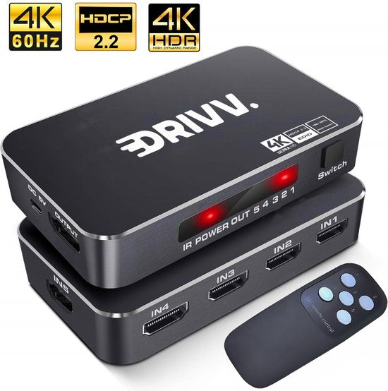 Drivv. HDMI Umschalter 4K 60Hz - 5 Eingänge 1 Ausgang - Inklusive Fernbedienung - Automatische Umschaltung - Unterstützt 720p/1080p/4K/3D - Schwarz