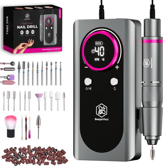 Beeperfect® - Elektrische Nagelfeile Pocket Edition - Maniküre- und Pediküre-Set - Kabellos - 6000MaH Akku - inkl. 26 Bits 60 Schleifrollen und 5 Zubehörteile - Grau