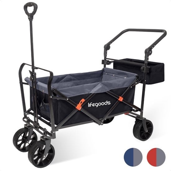 LifeGoods Bollerwagen - faltbar - bis zu 120kg - 103L - Extra Tragetasche und Schiebestange - waschbares Polyester - 98x45cm - Schwarz/Grau