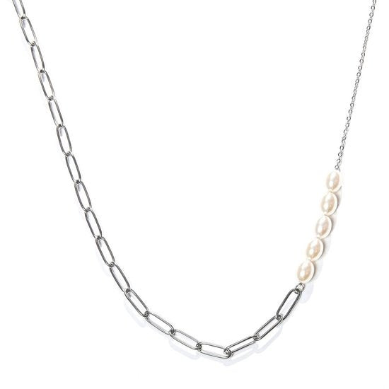 Laura Ferini Damenhalskette Perla Silber - Asymmetrische Gliederkette aus Silber mit Perlen - 18K Weißgold vergoldet - Halskette - Halskette - Schmuck - Accessoires - Damenhalskette mit Perlen