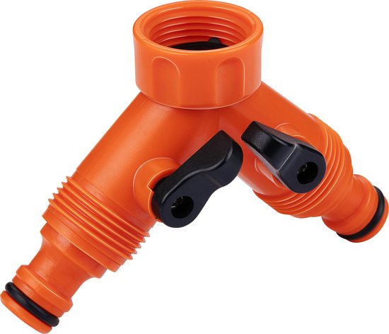BLACK+DECKER Double Tap Fitting Gartenschlauch - Gartenschlauchkupplung - 3/4" Wasserhahnanschlüsse - Integrierter Wasserstopp - Regulierung des Wasserflusses - Kunststoff - Orange/Schwarz