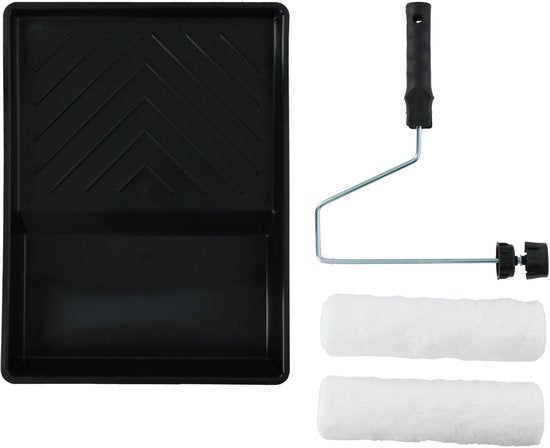 STANLEY Farbroller-Set - 2 Polyester-Farbroller - 230 mm - 1 Farbwanne - 1 Halter mit Stopper