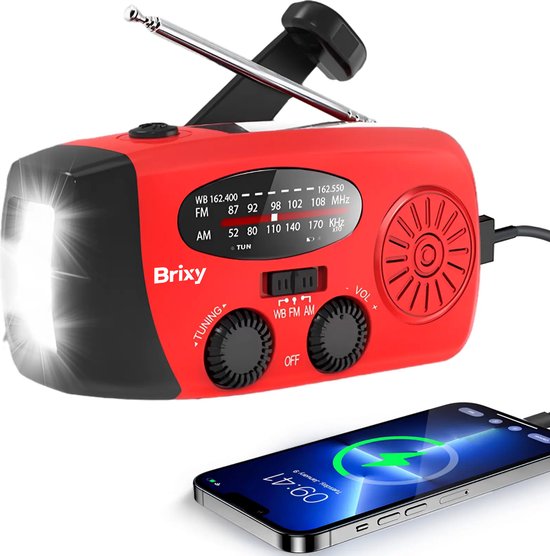 Brixy Emergency Radio - Radio mit Batterie für Notfälle - Aufziehbar - Solar - Taschenlampe - Powerbank - Rot