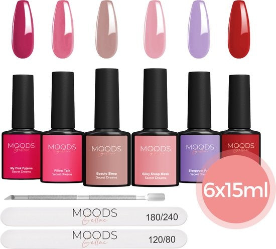 Moods Gellac 6-teiliges Set - Gel-Nagellack - 15ML - Inklusive Nagelfeile und Bokkepoot - Secret Dreams - Gellac - Nägel - Gellac Starter Pack - Chic Colours