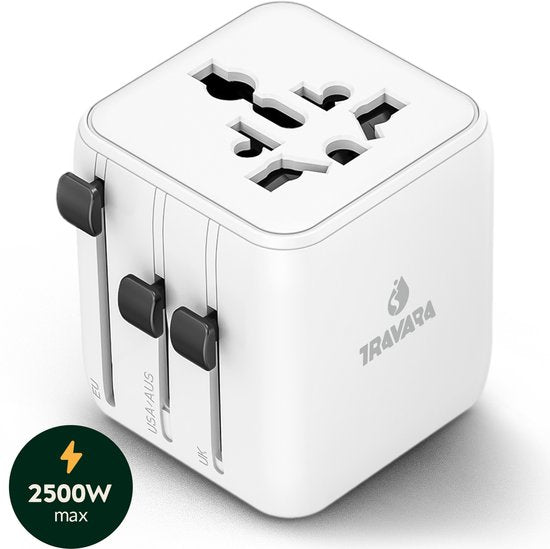 TRAVARA Travel plug - 2500W - World Universal Plug - 170+ Länder - Reisestecker England Amerika