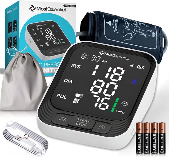 MostEssential Premium Oberarm-Blutdruckmessgerät - Herzfrequenzmesser - 398 Messwerte Speicher - USB-C-Kabel enthalten - 30S