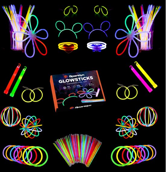 Sparklyn XXL Glow in the Dark Stick Set - 380 Stück Glowsticks mit Zubehör - Breaking Sticks - Neon Party
