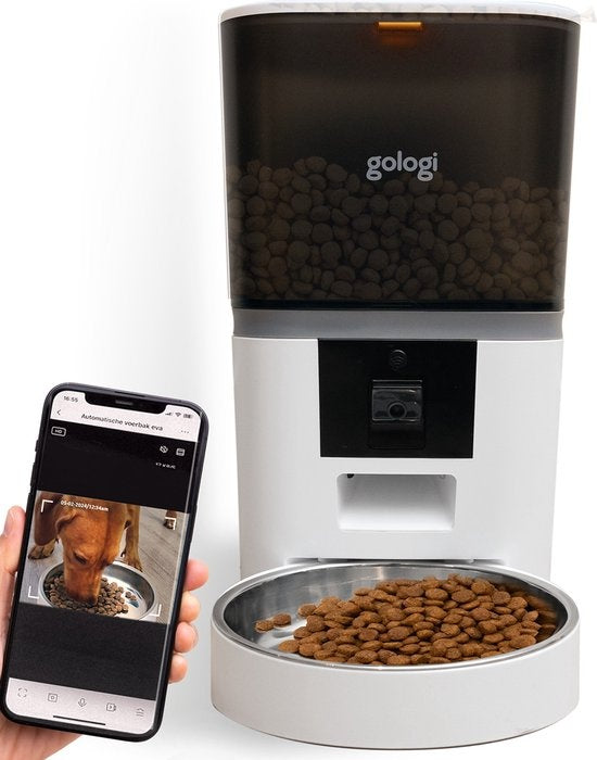 Gologi Automatische Voerbak Eva - Inhoud 6L - Voice Recorder - Camera - Voerautomaat hond - Voerautomaat dispenser kat - Brokgrootte 3 tot 15 mm - Wit