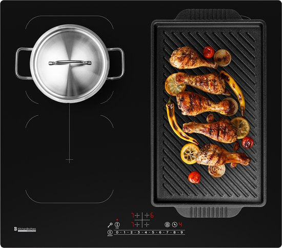 KitchenBrothers Induktionskochfeld - Einbau-Induktionskochfeld - 60 cm - 4 Zonen - 2x Flexzone - 1 und 2 Phasen - bis zu 2400W - Schwarz