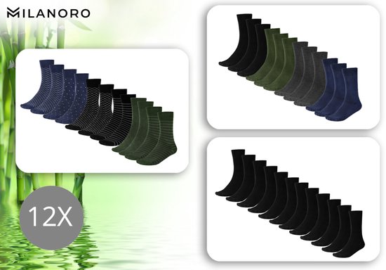 Milanoro - 12 Paar weiche Bambussocken für Damen und Herren - Schwarz - 43-46