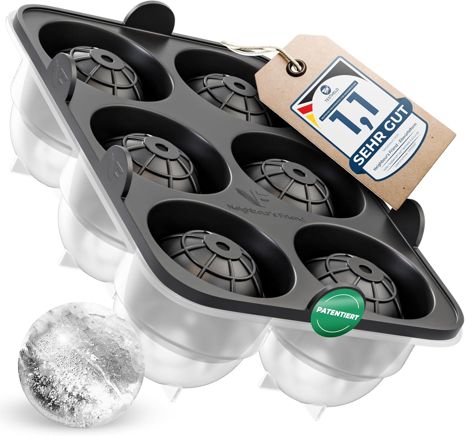 Neighbour's Friend Patentierte Eiskugelform XL - Große Eiswürfelform rund Platinsilikon für Cocktails