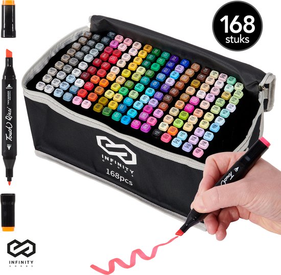 Infinity Goods Twinmarkers 168 Stück - Professionelle Alkoholmarker - Doppelseitige Spitze - Marker - Aufbewahrungstasche mit Halterung