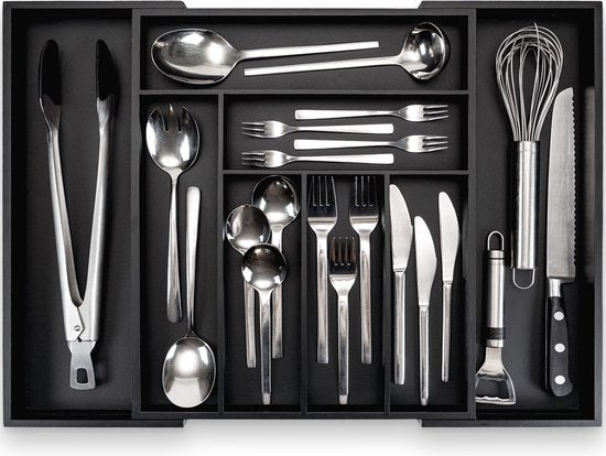 Budu Extendable Bamboo Cutlery Tray #38 (38 cm tief) - Schwarz - Besteckkassette Holz - Besteckschublade - 38 x 29