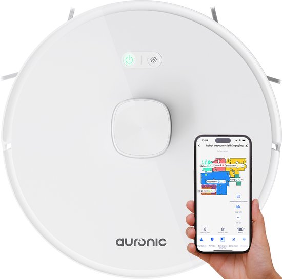 Auronic Staubsaugerroboter - mit Wischfunktion - WiFi und App - Ladestation - Haustiere - Wischroboter - Lasernavigation - Weiß
