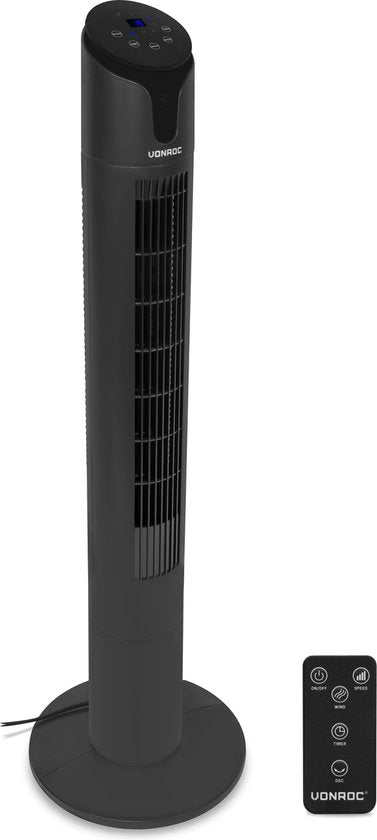 VONROC Luxury Fan - Turmventilator - Höhe 110 cm - Inkl. Fernbedienung - 3 Geschwindigkeiten - Swing-Funktion - 15-Stunden-Timer - Schwarz