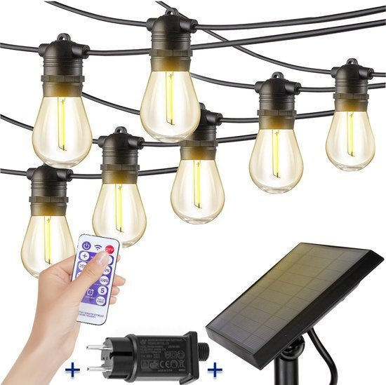 SHINE - Lichtsnoer buiten - Lichtslinger op Zonne-energie - Solar Led Prikkabel - Feestverlichting - Lampjes slinger - Tuinverlichting - Vintage Basic Sfeerverlichting - 15 Led E27 Lampen met Afstandsbediening - 15 Meter