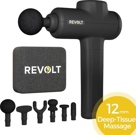 Revolt® Luxus-Massagepistole - extra stark - für die Erholung der Muskeln und bei Verletzungen - hohe Amplitude - 6 verschiedene Geschwindigkeiten - 6 Aufsätze - Luxus-Aufbewahrungskoffer