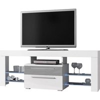TV-Möbel TV-Sideboard Navia High Design LED-Beleuchtung Korpus weiß matt Front Schubladen Hochglanz grau – Bild 2